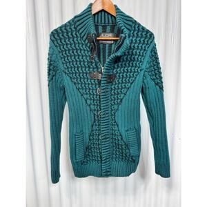 LCR Black Edition Mens Medium Chunky Knit Cardigan Sweater In Vibrant Teal